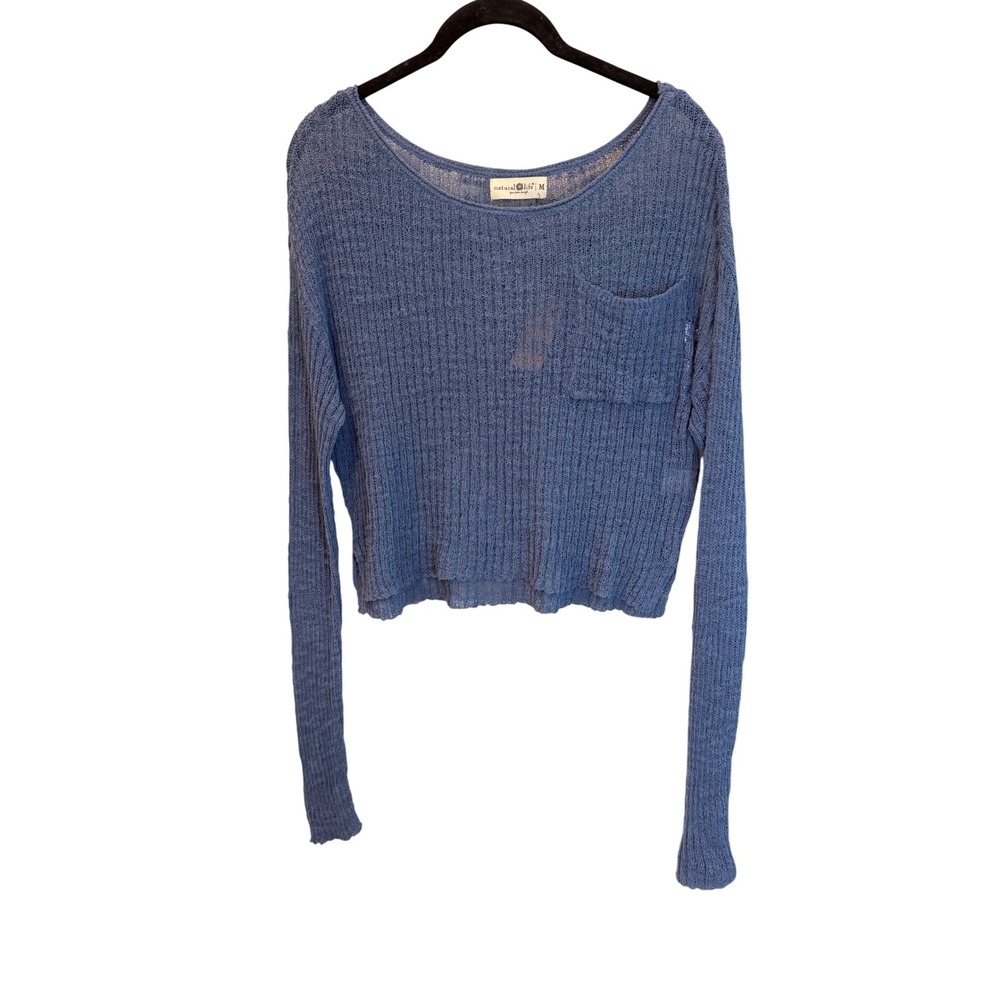 Natural Life Women Blue Open Knit Cropped Sweater Long Sleeve Pocket Boho